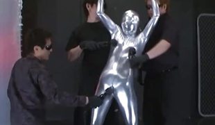 Full body silversuit wrapped bondage and marital-aids